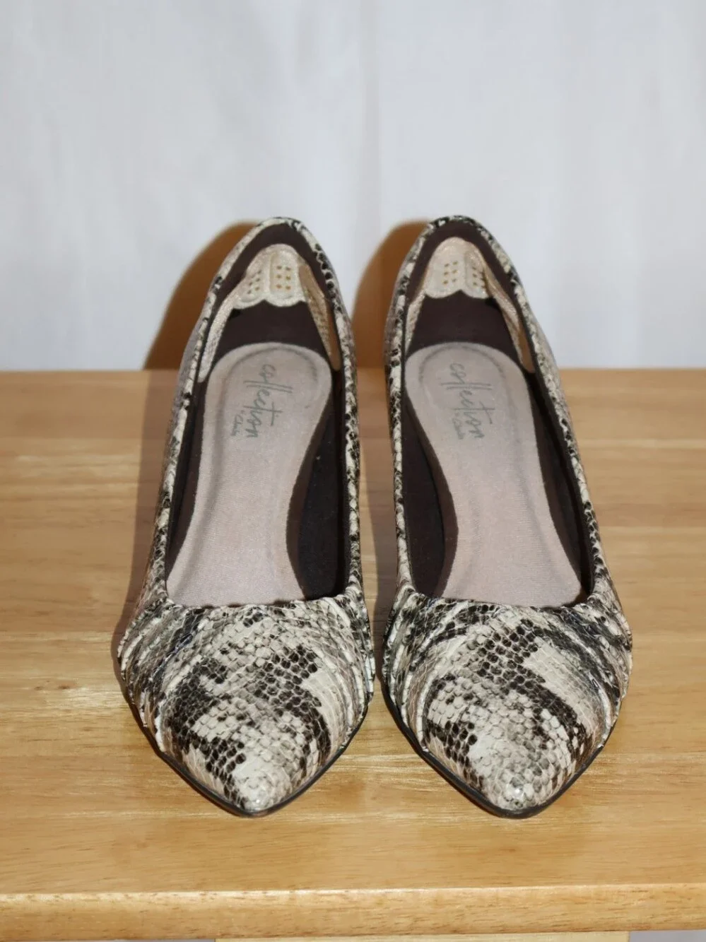 Clarks Linvale Jerica Pumps In Taupe Snake Leather.